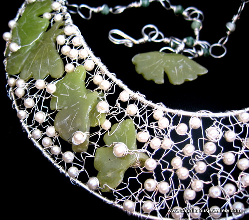 Polymer clay faux jade leaves in a bib necklace by Caprilicious Jewellery