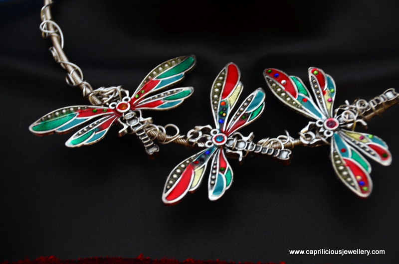 Cold enamelled dragonfly and wire work torque by Caprilicious Jewellery