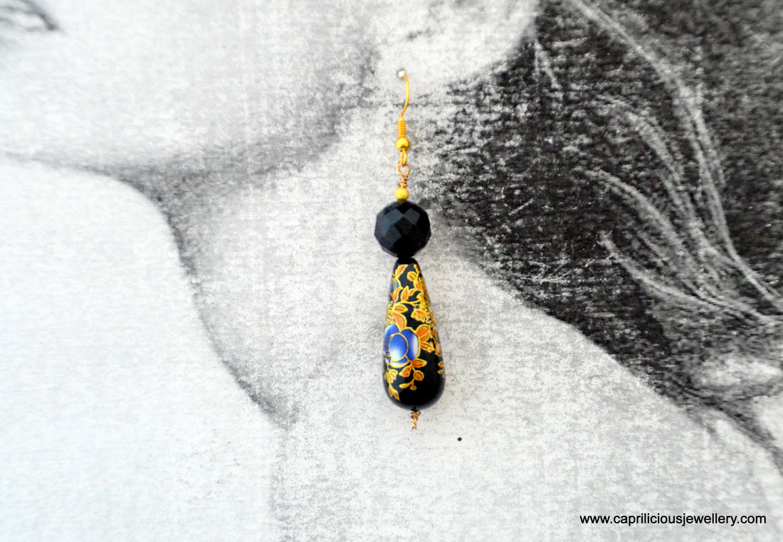 onyx earrings, Tensha bead earrings, Tensha beads, hand painted beads