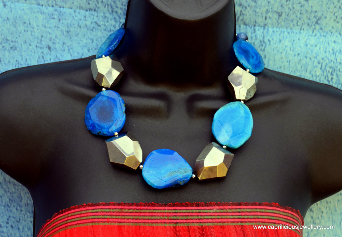 blue agate, slab nuggets, electroplated quartz, nugget beads, showy necklace, cruise wear, summer necklace, statement necklace