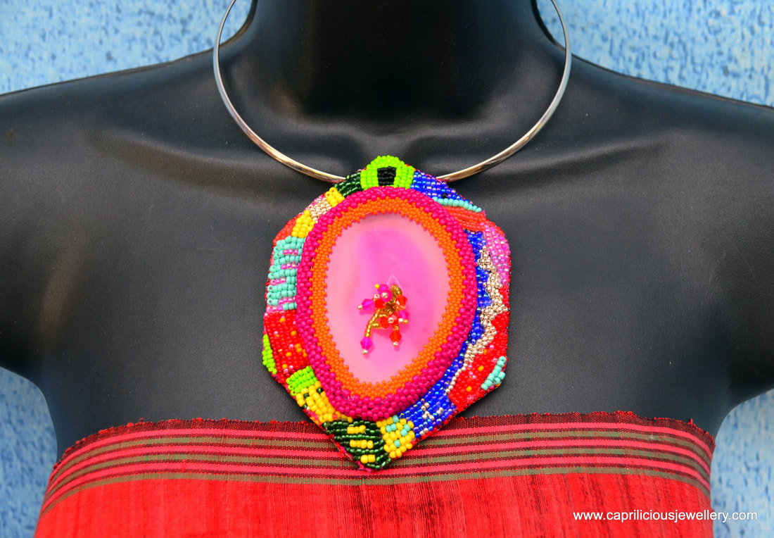 slab nugget, statement necklace, statement pendant, bead embroidery, colourful jewellery
