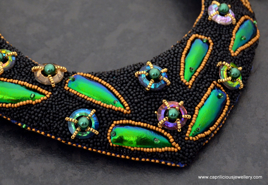 beetle wing necklace, bead embroidery, statement necklace, evening necklace, lbd