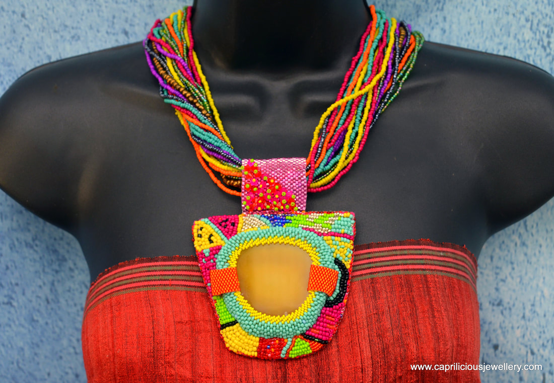 slab nugget, statement necklace, statement pendant, bead embroidery, colourful jewellery