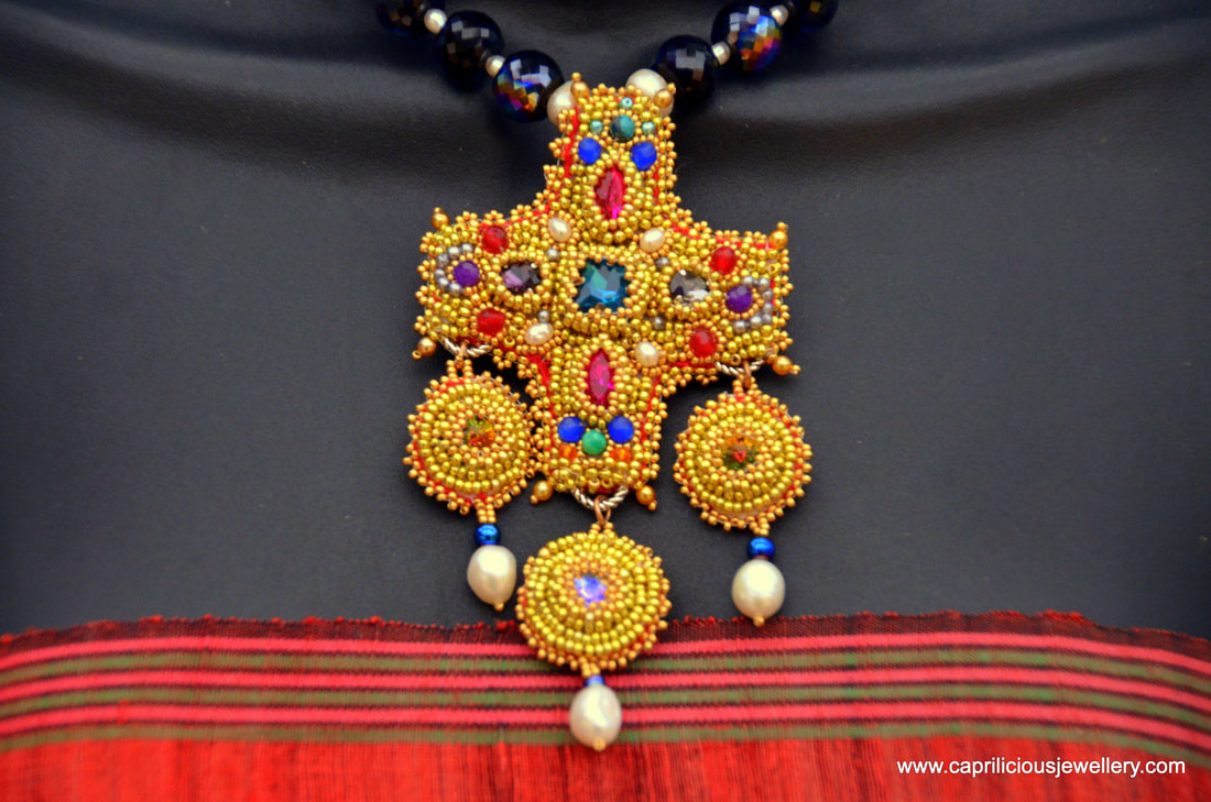 Gripoix inspired, Maltese Cross, bead embroidery, baroque pearls