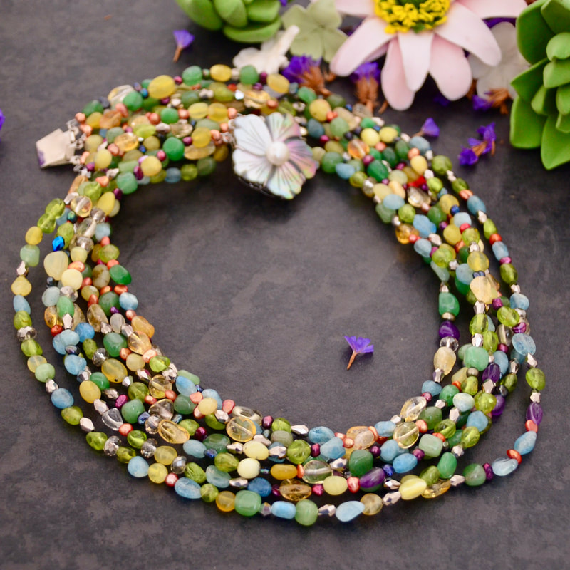 statement necklace, multiple strand necklace, pearls, semi precious gemstones, mother of pearl, colourful necklace