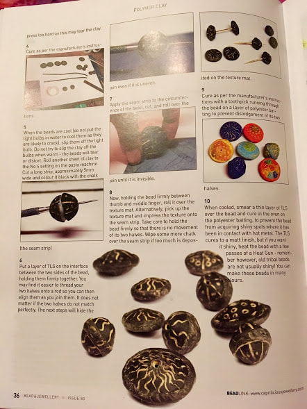 Doodle beads, polymer clay hollow beads, tribal beads tutorial, Bead and Jewellery Magazine, Vol 80, Aug/Sept 2017