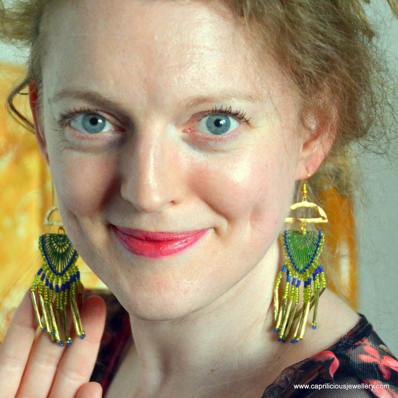 green and gold, bead woven earrings, beaded earrings