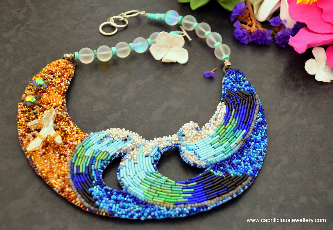 Surfers Haven, seascape necklace, statement necklace, beaded embroidery, Swarovski crystals, starfish jewellery