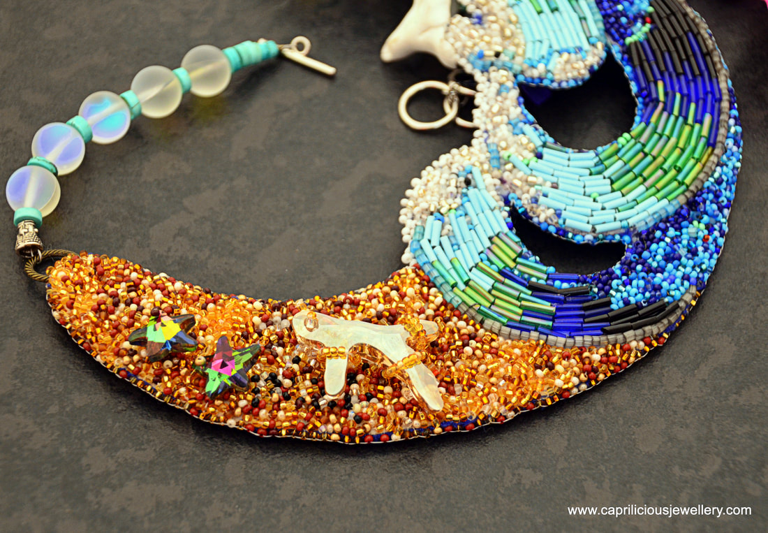 Surfers Haven, seascape necklace, statement necklace, beaded embroidery, Swarovski crystals, starfish jewellery