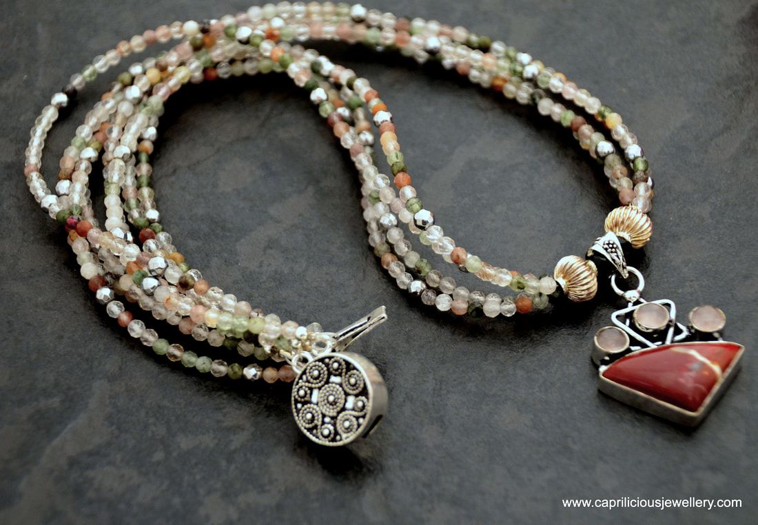 jasper, moonstone, silver pendant, rutilated quartz, multi strand necklace
