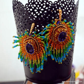 peacock feather earrings, beaded earrings