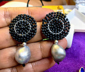 black and silver earrings, baroque pearls, bead weaving