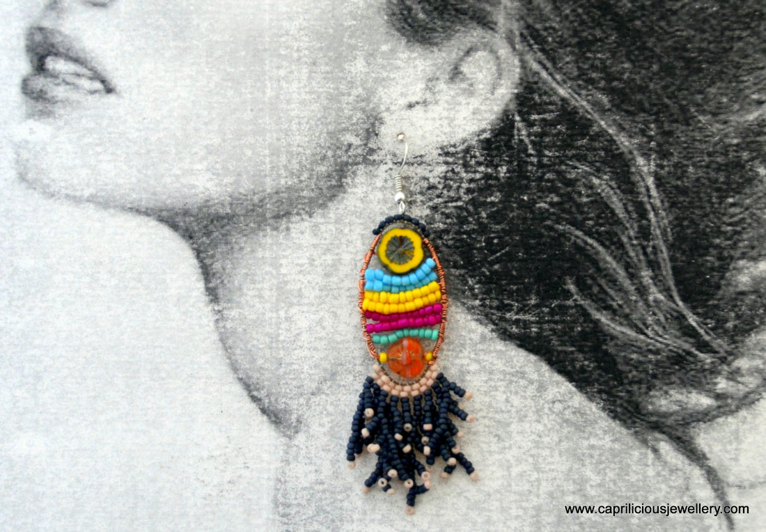 colourful earrings, bead woven earrings, beaded fringes, tassels, bead fringes,  fringies