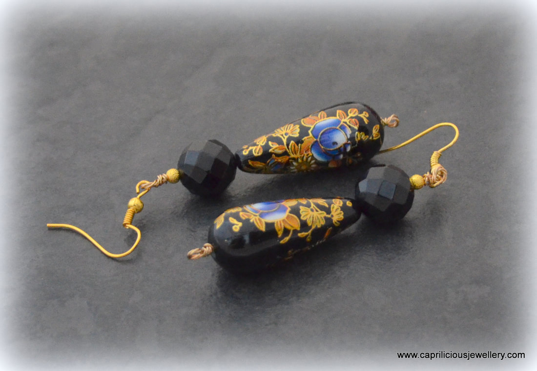 onyx earrings, Tensha bead earrings, Tensha beads, hand painted beads