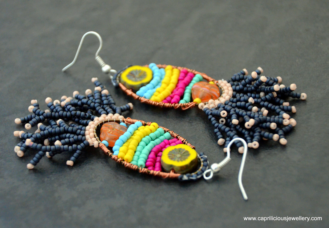 colourful earrings, bead woven earrings, beaded fringes, tassels, bead fringes,  fringies, czech flowers, floral jewellery