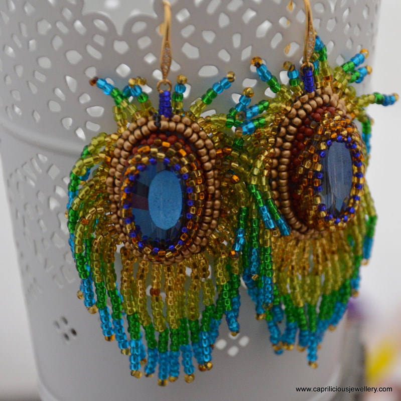 beaded earrings, bead embroidery, peacock feather earrings, crystals, statement earrings