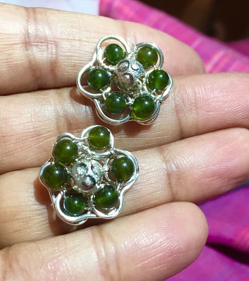 Jade and silver wire work stud earrings by Caprilicious Jewellery