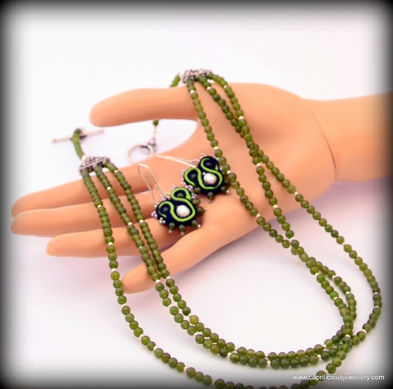 Jade and sterling silver necklace with little dangling soutache earrings to match