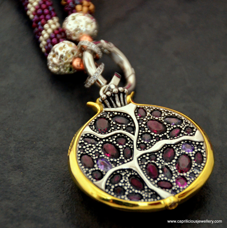 pomegranate jewellery, pomegranate, bead weaving, beaded necklace, diamante, evening wear