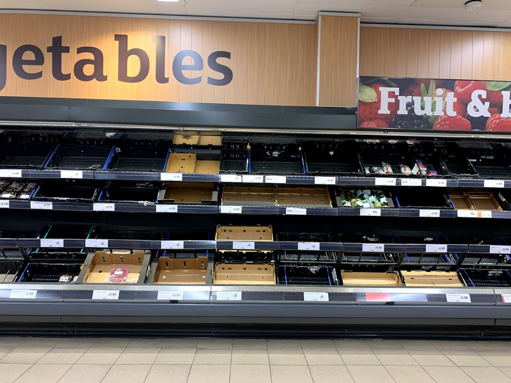Shelves on Sainsburys supermarket during the Corona virus pandemic, stockpiling of food,