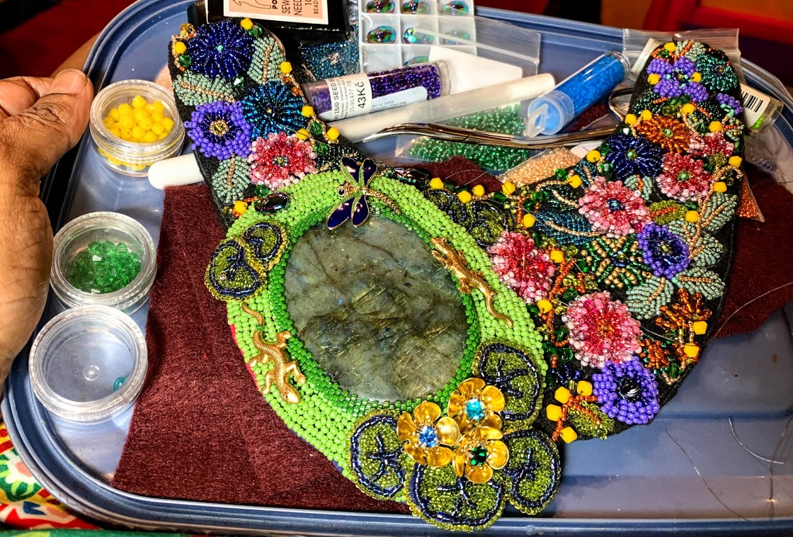 woodland fantasy, lily pads, floral jewellery, japanese beading, japanese bead embroidery