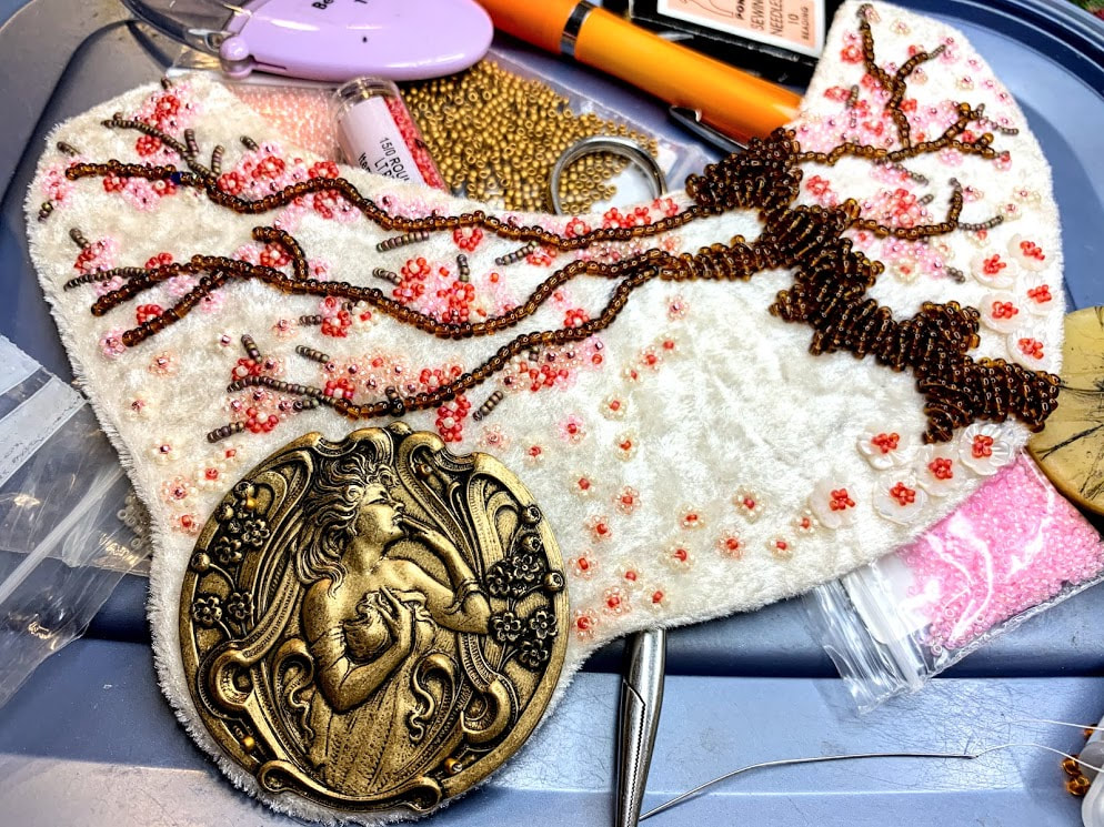 wip, work in progress, cherry blossom, bead embroidery Vintaj brass, art nouveau, Mucha lady
