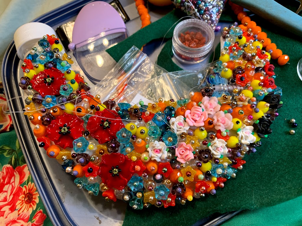 wip, work in progress, poppy jewellery, floral jewellery, bead embroidery, statement necklace