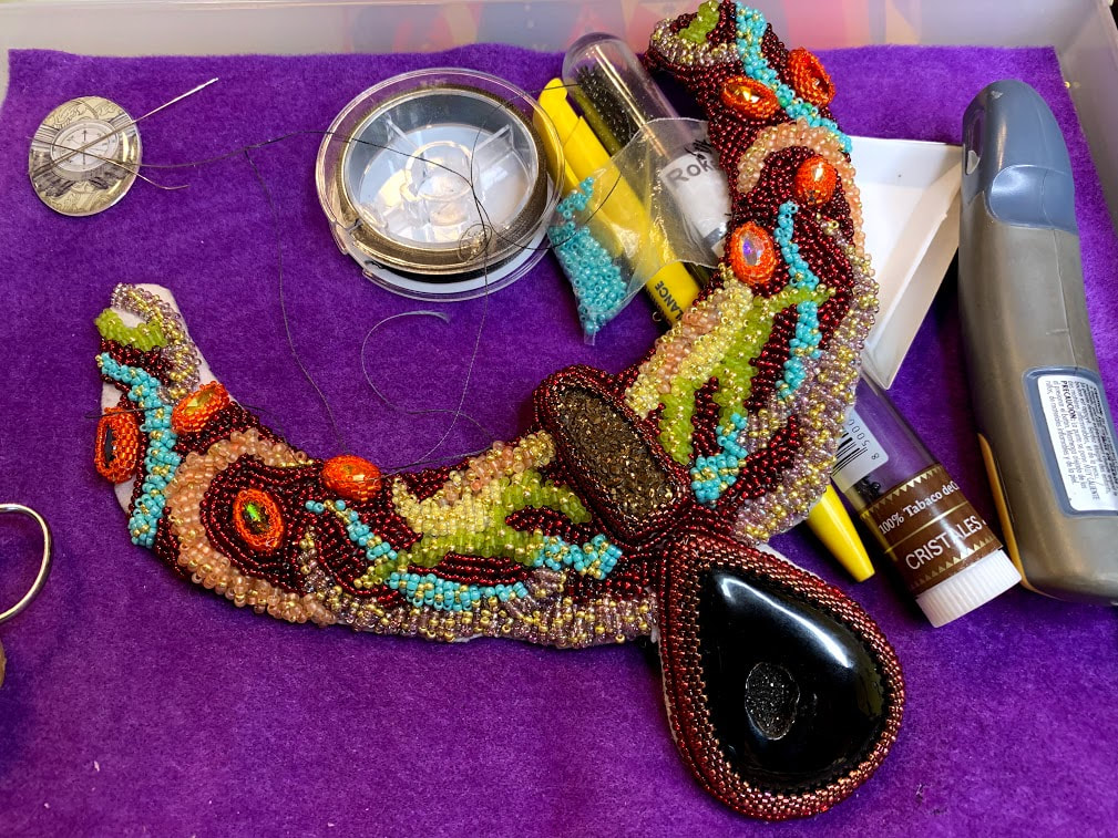 Bead embroidery, the phoenix, statement necklace, wip, work in progress, how to make a beaded necklace