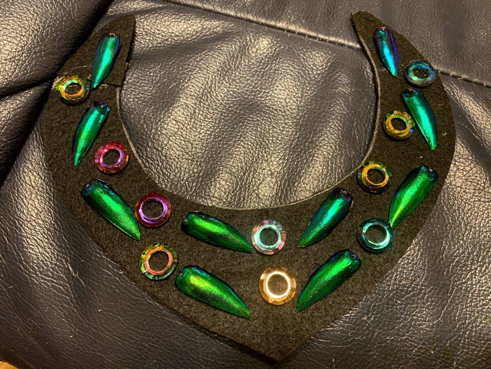 beetle wings, bead embroidery, circular crystals, black necklace, wip