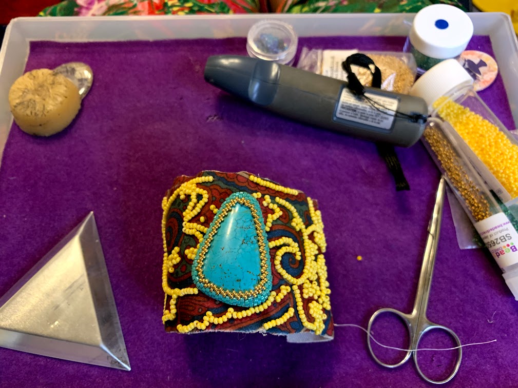 bracelet, cuff bracelet, turquoise, bead embroidery, work in progress, wip