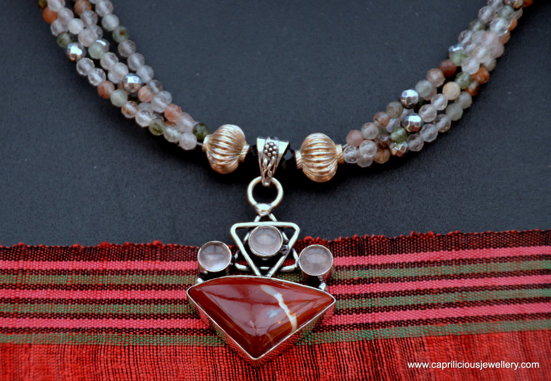 jasper, moonstone, silver pendant, rutilated quartz, multi strand necklace