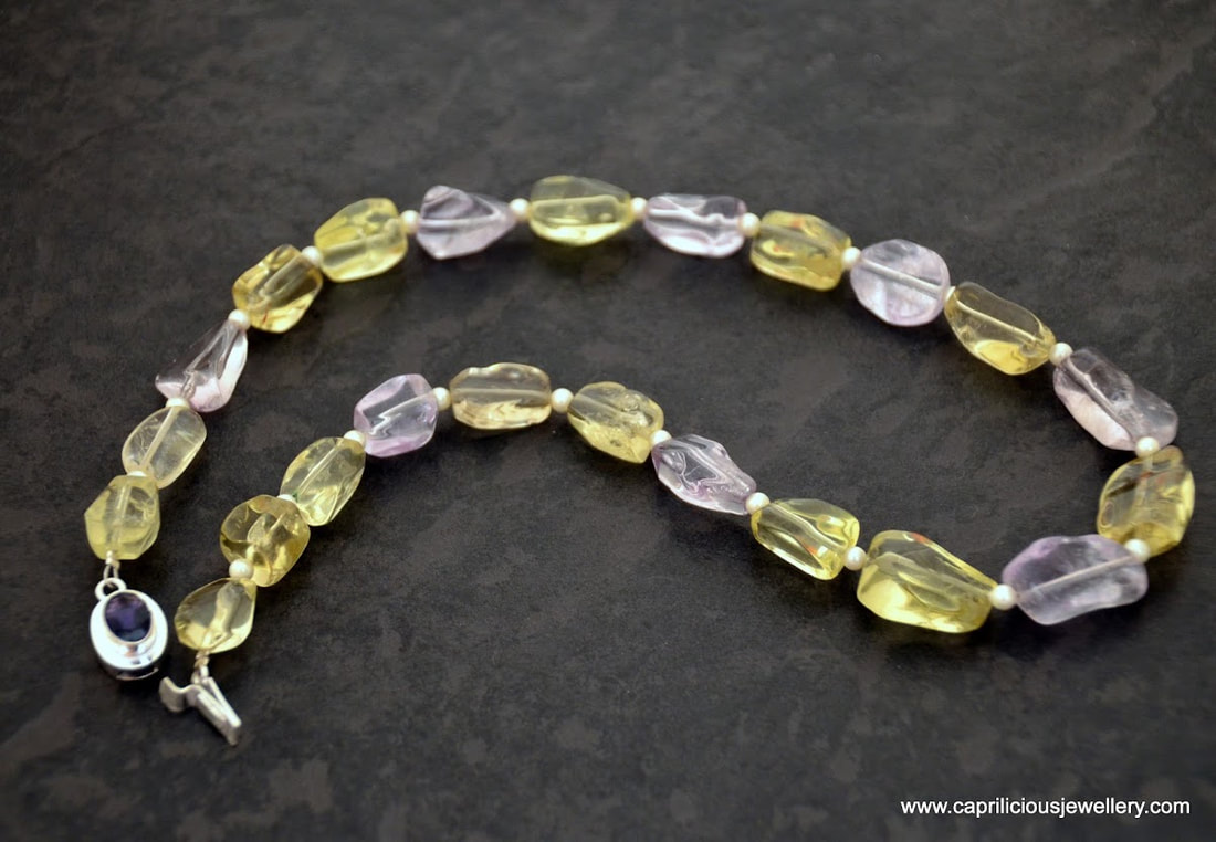 Citrine, amethyst and seed pearl necklace by Caprilicious Jewellery 