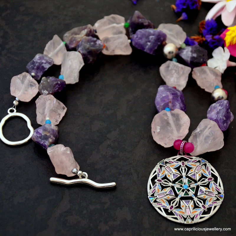 dragonfly pendant, mandala pendant, amethyst, rose quartz, statement necklace