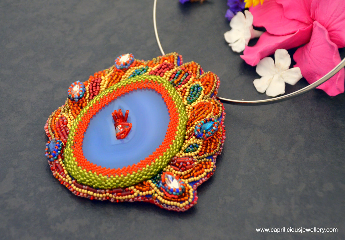 flame pendant, orange and blue flame, slab nugget, pbead embroidery