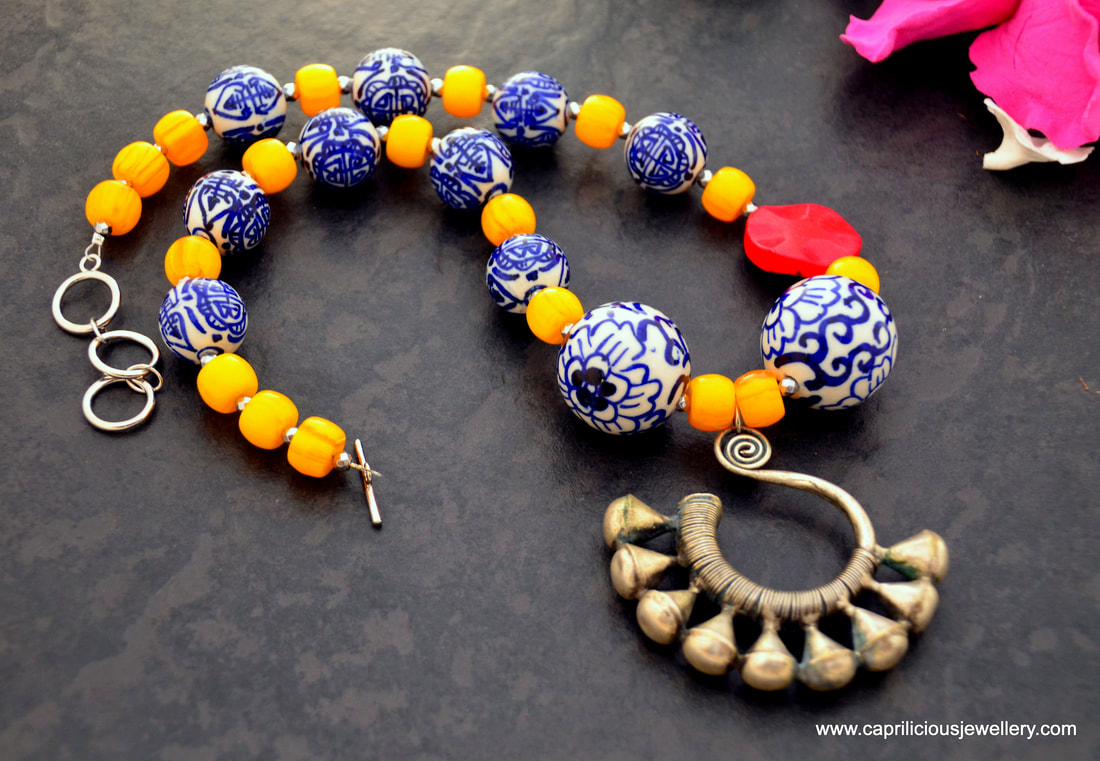 blue and white porcelain beads, Chinese beads, Hmong earrings, Miao earrings, faux amber