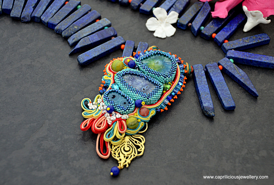 lapis, statement necklace, soutache, bead embroidery, can can