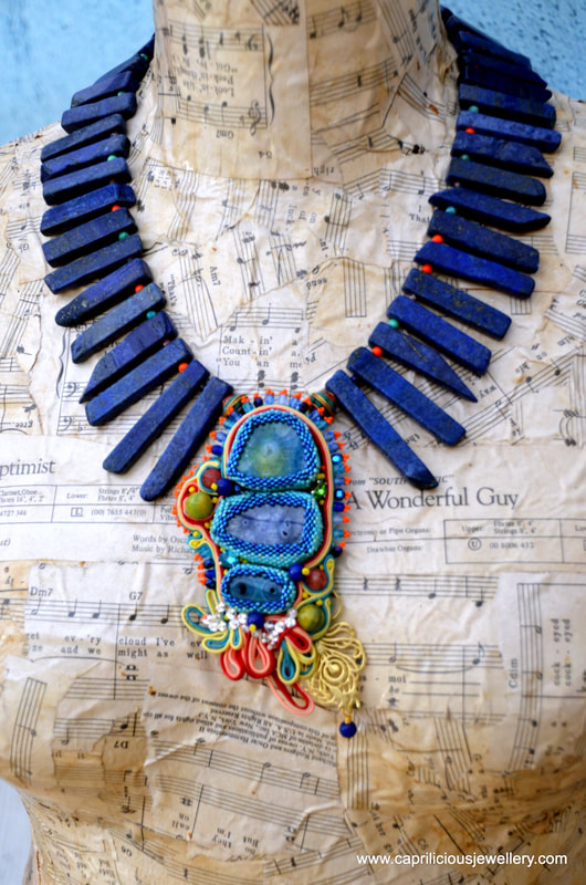 lapis, statement necklace, soutache, bead embroidery, can can, spectacular jewellery, showpiece