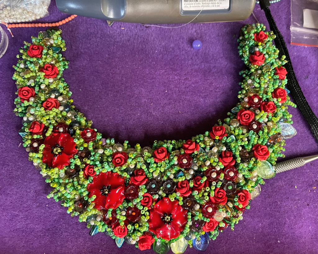 bead embroidery, statement necklace, WIP
