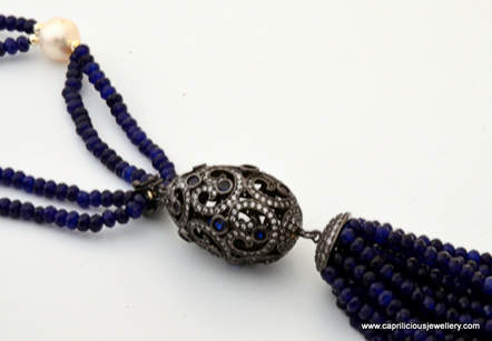 Blue jade and pearl necklace, with a detachable pendant, diamante' , tassel, Caprilicious Jewellery