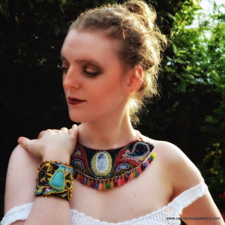 beaded statement necklace, bead embroidered cuff bracelet, statement jewellery