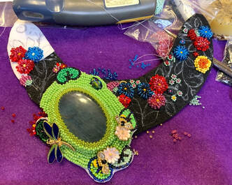 work in progress, floral necklace, statement jewellery, bead embroidery