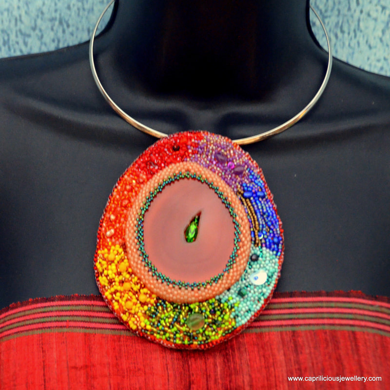 rainbow, colourful pendant, torque necklace, bead embroidery, agate, slab nugget, carnelian