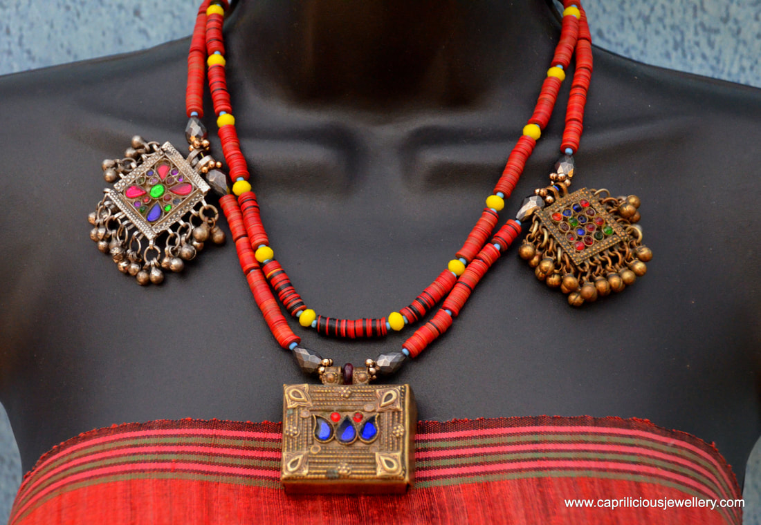 red vinyl beads, African vinyl beads, international, ethnic necklace, Indo-western jewellery