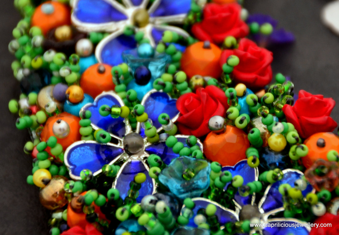 bead embroidery, meadow of flowers, cornflowers, floral jewellery, statement necklace, exclusive jewellery, 