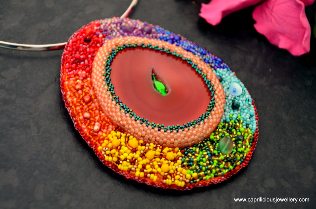 rainbow, colourful pendant, torque necklace, bead embroidery, agate, slab nugget, carnelian
