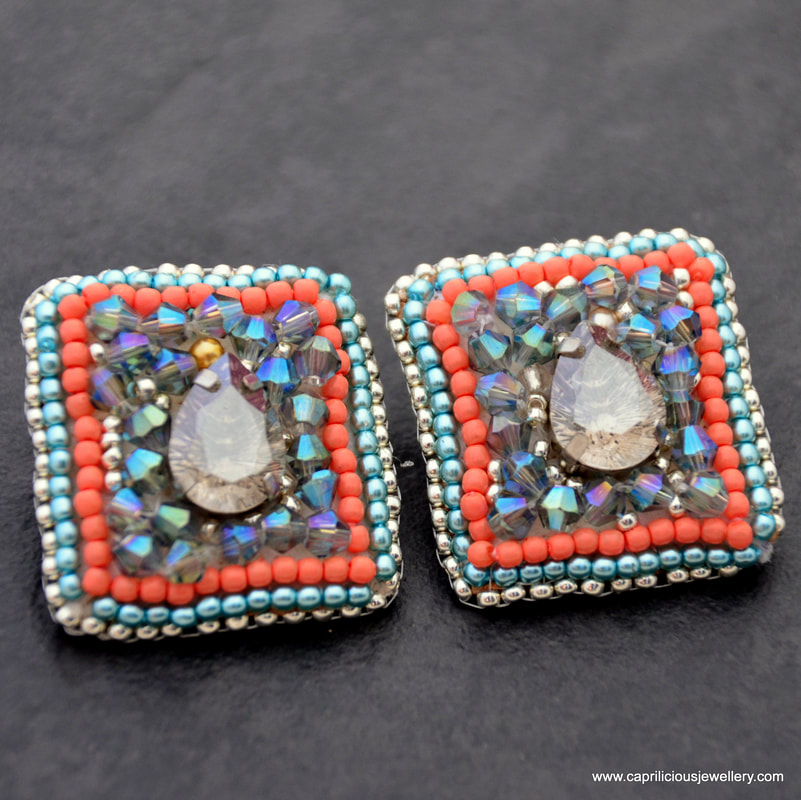 statement earrings, square earrings, bead embroidery, crystal earrings, evening wear